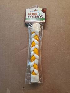 lot 46560 image: Pork Chomps Rawhide Free Peanut Butter Flavor Braided Pork Skin Dog Treat - Retail $3