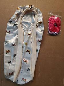 lot 46576 image: Satin Butterfly Print Bonnet with Pink and Purple Stain Scrunchie  - Retail $8