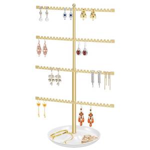 lot 46593 image: 4-Tier Earring Holder Organizer Stand��Stud Earring Organizers and Storage with Ring Tray, Adjustable Earring Rack Jewelry Display Tree, 96 Holes and 88 Grooves for Earrings for Women Girls - Retail $16