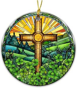 lot 46606 image: Irish Celtic Cross Ornament �� Stained Glass Shamrock Christian Ornament, St. Patrick��s Day Religious Tree Decoration, Faith-Inspired Irish Wall or Christmas Hanging Decor