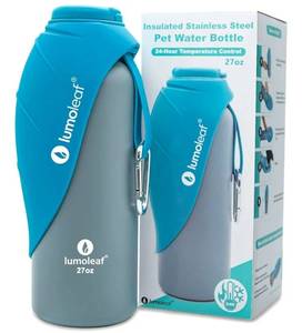 lot 27163 image: Insulated Dog Water Bottle 27 oz Stainless Steel - Keep Water Cool or Warm, Portable Pet Water Bowl for Travel, Wide Mouth for Easy Ice Filling & Cleaning - Retail $28