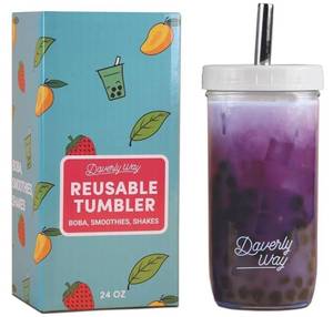 lot 27165 image: Reusable Boba Bubble Smoothie Cups with Lid And Metal Reusable Straw and Straw Cleaner In Fun Gift Box (1-pack, 24oz Boba Tea Drinking Jar) - Retail $15