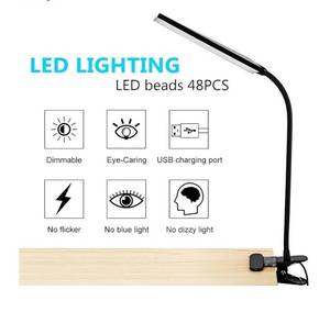 lot 27167 image: Clip on Light LED Desk Lamp with Eye-Caring LED Light and Metal Clip, 11 Level Brightness 3 Color Modes, Power by USB Port 5W Adjustable Neck Reading Lamp for Home and Office (5W, Black) - Retail $18