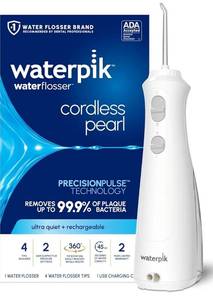 lot 27170 image: Waterpik Cordless Pearl Rechargeable Portable Water Flosser for Teeth, Gums, Braces Care and Travel, Extra Quiet, 4 Flossing Tips - ADA Accepted, WF-13 White, Amazon Exclusive - Retail $70
