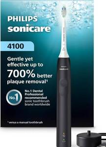 lot 27210 image: Philips Sonicare 4100 Series Electric Toothbrush - Sonic Toothbrush with Advanced Sonic Technology, Pressure Sensor, Two Intensity Settings, Smartimer & Quadpacer, Black, Model HX368124 - Retail $50