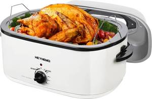 lot 101625 image: Retails for $105 26 Quart Electric Roaster Oven with Visible & Self-Basting Lid, Large Turkey Roaster with Defrost Warm Function, Adjustable Temperature, Removable Pan Rack, Stainless Steel, White