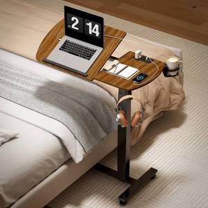 lot 221508 image: Retails for $156 6 In 1 Overbed Bedside Table with Wheels, 32 Long 90  Medical Adjustable Tilt Hospital Bed Table, Standing Desk with Charging Station Cup Holder Hook, 30-43 Height Home Hospital Office (Walnut)