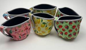 lot 122 image: Neoprene Mug-Shaped Beverage Koozies Set of 6 Assorted Prints