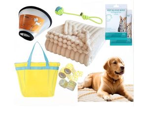 lot 4208 image: 10 Pcs Surgery Recovery Kit for Dogs Adjustable Dog Cone &amp Fluffy Dog Blanket (40x48) Cleaning Wipes,Calming Toy, Bandages &amp Mesh Bag&nbsp (yellow-L) - Retail $14