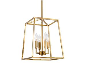 lot 4224 image: Brass Pendant Light Fixture with Wood Stem and Geometric Frame - Retail $85
