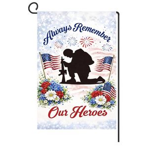 lot 4231 image: Memorial Day Garden Flag 12x18 Inch Double Sided Always Remember Our Heroes, US 250 Anniversary 1776-2026 Patriotic Soldier Silhouette Yard Flag for 4th of July Outdoor Decor - Retail $9