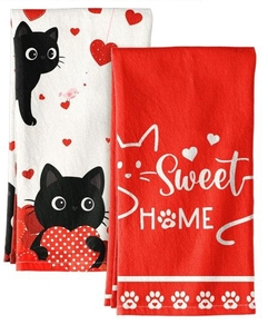 lot 4242 image: Valentines Day Cat Kitchen Dish Towel Set - Retail $9