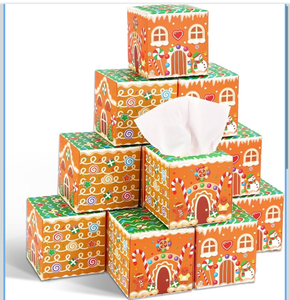 lot 4271 image: FYSUIMU 12Pcs Christmas Facial Tissues Cube Boxes Gingerbread House Square Tissue Box Cover with 600 Sheets 3 Ply Napkins for Xmas Holiday Home Party Car Accessories - Retail $22