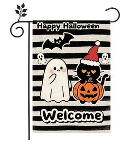 lot 4314 image: Happy Halloween Flag 12x18 Inch,Cute Ghost Cat Pumpkin Yard Flags Burlap Double Sided for Halloween Farmhouse Holiday Yard Seasonal Outdoor Outside Decoration - Retail $0