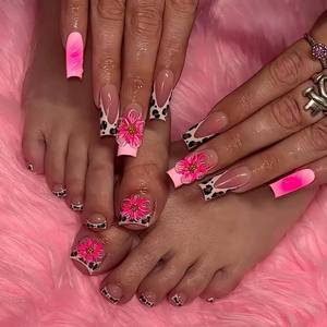 lot 4341 image: 48Pcs Square Press on Nails Medium & Press on Toenails Set, French Tip Press on Nails with Leopard Print Design Fake Nails 3D Flower Press on Toe Nails for Women Manicure Kit - Retail $9