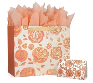 lot 4382 image: 2 pk DecorWoo Rose Gold Large Gift Bag 13, Floral Gift Bag with Tissue Paper & Greeting Card, Elegant Birthday Gift Bags for Women, Bridal Shower, Mothers Day, Anniversary - Retail $0