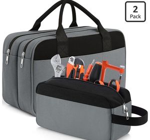 lot 2034 image: Eccliy 2 Pack Small Tool Bag for Men, 14 Inch Zipper Tool Pouch & 12 Inch Wide Mouth Tote Bag Heavy Duty Utility Organizer for Electrician Carpenter Mechanic(Gray) - Retail $15
