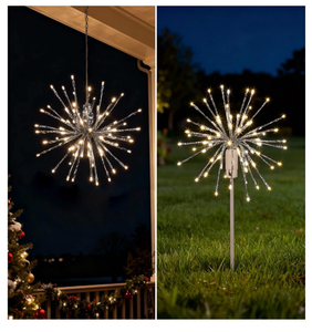 lot 2042 image: LIGHTSHARE 12 Starburst Light Lighted Ball 80 LED Firework Lights Warm White Twinkle Hanging Ball Dual-use for Patio Walkway Pathway Decoration IndoorOutdoor - Retail $0