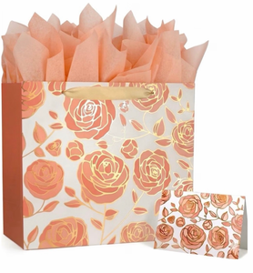 lot 2044 image: 2 pk DecorWoo Rose Gold Large Gift Bag 13, Floral Gift Bag with Tissue Paper & Greeting Card, Elegant Birthday Gift Bags for Women, Bridal Shower, Mothers Day, Anniversary - Retail $0