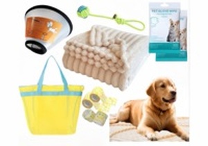 lot 2074 image: 10 Piece Dog Surgery Recovery Kit with Cone, Blanket & Accessories - Retail $35