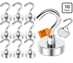 lot 2094 image: Magnetic Hooks D20 Heavy Duty Strong Magnets with Hooks 40lbs - Cruise Cabin Ship Essentials - 10 Packs Hanging Items on RefrigeratorOfficeKitchenGrillsHousehold Organization - Retail $10