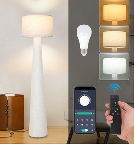 lot 2096 image: Boho White Floor Lamps for Living Room, Dimmable Standing Lamp with Remote and Bulb, Mid Century Column Tall Lamp with Fabric Shade, 3 Color Temperatures, Farmhouse Stand Up Light for Bedroom - Retail $90