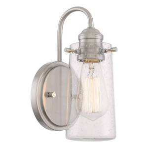 lot 2099 image: Kira Home Rayne 10  Farmhouse Wall Sconce  Silver Gooseneck Wall Light with Tapered Seeded Glass Shade  Brushed Nickel - Retail $67