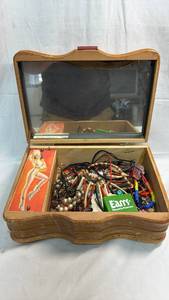 lot 5 image: Wooden Jewelry Box with Assorted Costume Jewelry Collection