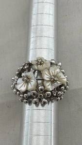 lot 19 image: Mother of Pearl Flower Cluster Silver-Tone Ring with Crystal Accents