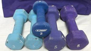 lot 36 image: Neoprene Dumbbell Set with Carrying Bag �� 2lb, 3lb & 5lb Weights