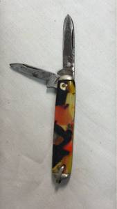 lot 50 image: Small Two-Blade Folding Pocket Knife with Multicolor Celluloid Handle