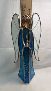 lot 96 image: Stained Glass Angel Figurine with Wire Hair and Candle Detail