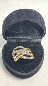 lot 105 image: Gold-Tone Crystal Crossover Cocktail Ring with Presentation Box