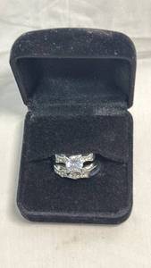 lot 106 image: Silver-Tone CZ Solitaire Engagement Ring with Matching Wedding Band Set
