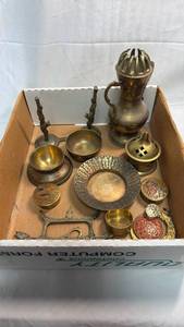 lot 164 image: Brass Decorative Items Collection with Enamel Inlay Bowl