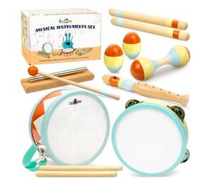 lot 521 image: Toddler Musical Instruments - Montessori Wooden Musical Toys for Toddlers 1-3  Modern Boho Baby Drum Set with Neutral Colors Percussion Instruments  Kids Preschool Educational - Retail $0