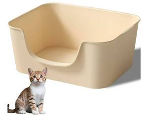 lot 525 image: Low Entry Cat Litter Box with High Sides - Open-Top Anti-Splash, Durable Easy-Clean Pan for Kittens, Munchkin Cats, Senior Medium-Sized Cats & Small Pets (Rabbits), 19.3x13.3x7.8 Beige - Retail $31