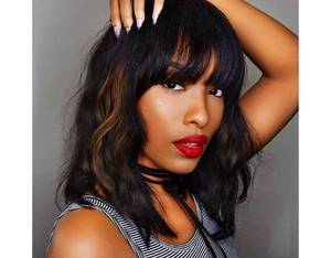 lot 532 image: Black Mixed Brown Wig for Black Women 14 Inch Short Wavy Hair Wigs Curly Bob Wig with Bangs Wigs Shoulder Length Wigs for Black Women Bob Style Synthetic Heat Resistant - Retail $0