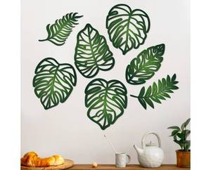 lot 541 image: Namalu 7 Pcs Tropical Wall Decor Jungle Monstera Wall Art Boho Palm Leaf Wooden Decoration Tropical Nursery Decor Vintage Natural Monstera Leaf Plaque for Farmhouse Kitchen Bedroom Garden(Green) - Retail $0