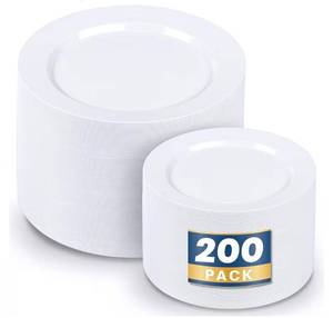 lot 550 image: 200pcs White Plastic Plates Disposable - Heavy Duty Plastic Plates for Party - Include 100 x 10 Dinner Plate and 100 x 7 DessertCake Plate - Ideal for WeddingsPartiesEvents - Retail $0