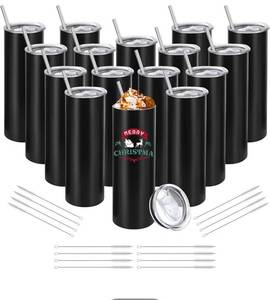 lot 551 image: YOUKE OLA 15 Pack Blank Stainless Steel Skinny Tumblers Straight Double Wall Insulated Tumbler Bulk with Lid for, DIY Gift, 20oz Black - Retail $55