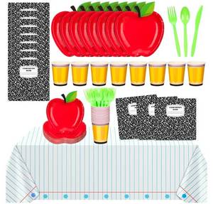 lot 555 image: Back to School Party Supplies Prek Graduation Decorations Apple Paper Plate Teacher First Day of School Party 14 Set Disposable Tableware 2 Notebook Tablecloth for Preschool Kindergarten Grad - Retail $0