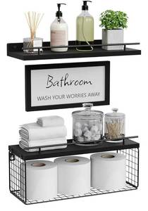 lot 556 image: Floating Shelves for Wall Decor Sign, Bathroom Organizers and Storage, Bathroom Shelves Over Toilet with Metal Guardrail-Black - Retail $0