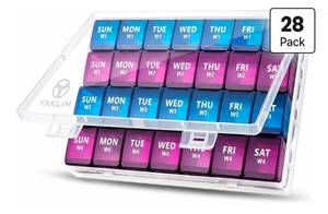 lot 560 image: XL Monthly Pill Organizer 1 Time a Day, 4 Week Pill Case Compartments, Yaklim Weekly Vitamin Organizer Extra Large, Medicine Container for Daily Pill Keeper - Retail $0