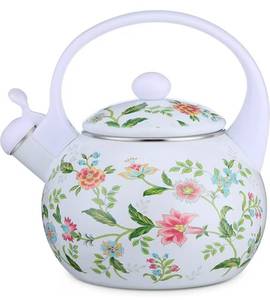 lot 562 image: 2.3 Quart Vintage Enamel Tea Kettle, Whistling Tea Kettle for Stove Top, Floral Enamel on Steel Teakettle Teapot for Home Kitchen Camping Picnic, Gift for Wedding Housewarming - Retail $0