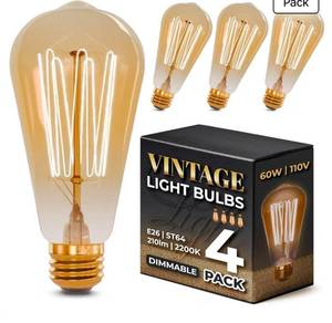 lot 571 image: THREE PACK Incandescent Light Bulbs 60 Watt ST64 Style Amber & Dimmable - 3 Pack Edison Bulbs, E26 Base, 2200K Warm White, 210 Lumens, Vintage Exposed Filament, 2500 Hr Lifespan, for Indoor & Outdoor Use - Retail $0