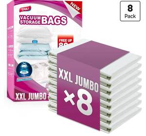 lot 579 image: TAILI 8 Pack Vacuum Storage Bags for Comforter and Blankets, XXL Jumbo Vacuum Seal Bags for Bedding (47x39 Inch), Huge Space for Toy, Bedding, Pillows, Save More Closet Space - Retail $0