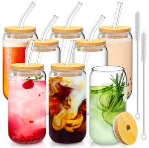 lot 590 image: SENTVEND 16 Oz Drinking Glasses with Bamboo Lids and Glass Straw - 8 Pcs Glass Cups Beer Ice Coffee Glasses Cute Aesthetic Cup Great for Coffee Bar Accessories Include 2 Cleaning Brushes - Retail $0