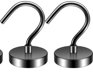 lot 594 image: Two Magnetic Hooks Large Opening, 40LBS Neodymium Magnet Hooks Heavy Duty, Strong Magnetic Hooks for Hanging, Magnet with Hooks for Cruise Cabins, Fridge, Classroom, Locker, Office(Black) - Retail $0
