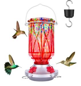 lot 608 image: Hummingbird Feeders for Outdoors with Ant Moat, Hand Blown Glass Hummingbird Feeder, 4 Feeding Ports with Perch, Outdoor Garden D�cor, 15 OZ, Red, Gifts for Mom Wife Dad Men Women - Retail $0